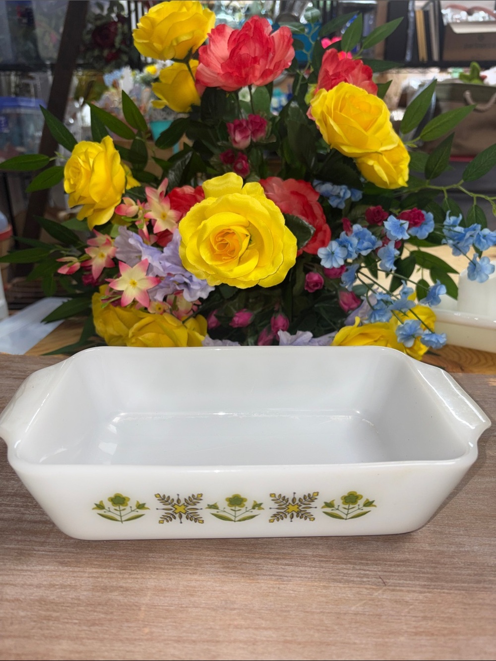 Anchor Hocking White Casserole Dish with Green Floral Border